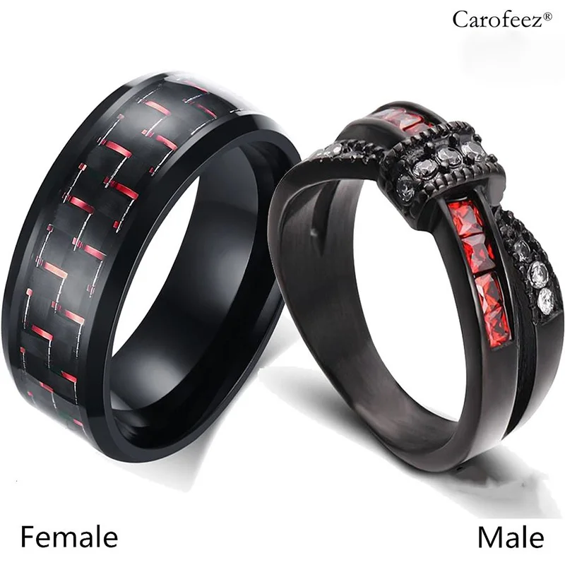 

Carofeez Charm Couple Ring Red/White Zircon Bow Women Ring Weaving Stainless Steel Men Black Ring Jewelry Engagement Lover Gift