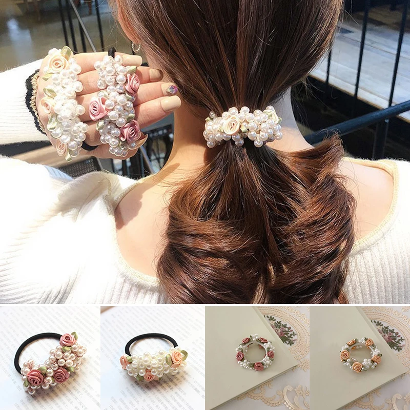 

Pearl Flower Hair Rope Sweet Hair Accessories Ponytail Hair Tie Girls Pearls Beaded Scrunchies Pearl Elastic Hair Bands