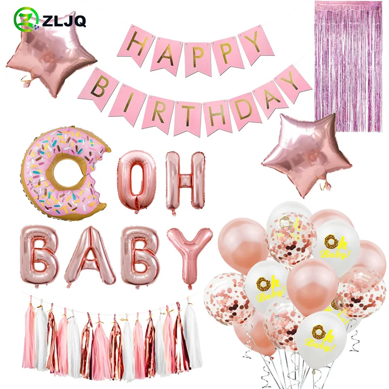 ZLJQ OH BABY Donut Grow Up Balloon 1 год День рождения украшения дети розовое золото баннер Baby