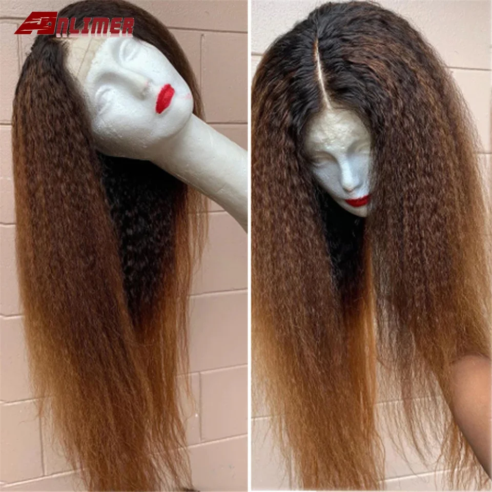 

Ombre Kinky Straight Lace Front Human Hair Wigs Coarse Italian Yaki 150% Density 13X4 Lace Front Closure Wig Preplucked 1B/30