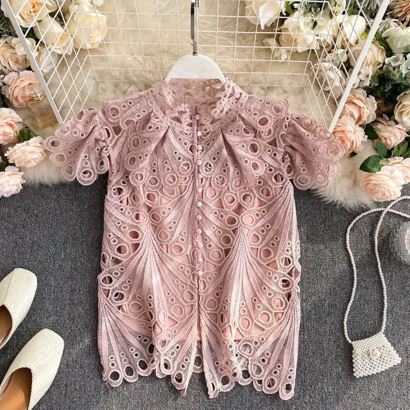 

Женский ажурный топ, повседневная Асимметричная блузка с воротником-стойкой, топ с внутренней отделкой, топ из двух предметов, Новинка лета ...