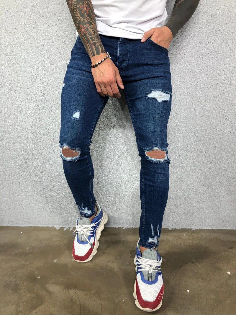Skinny Jeans Men Fashion Knee Ripped Stretch Blue Denim Pencil Pants Male Slim Fit Distressed Black Jeans