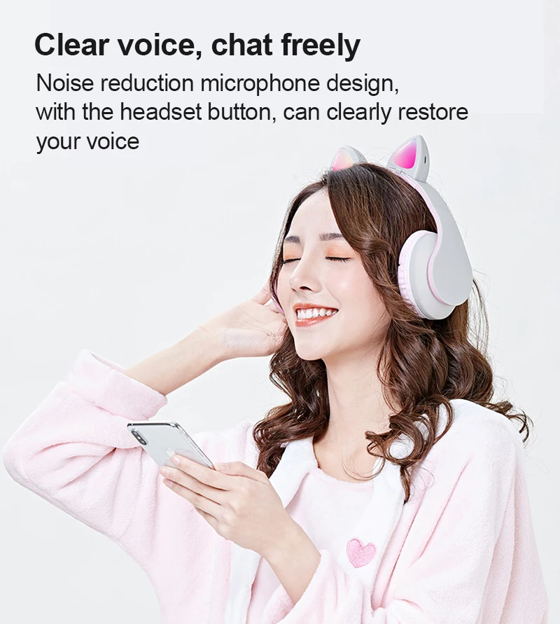 

Wireless Bluetooth Headset Cute Cat Ear 7.1 Surround Sound Bluetooth Headphones With LED Light Foldable Volume Control For Gift