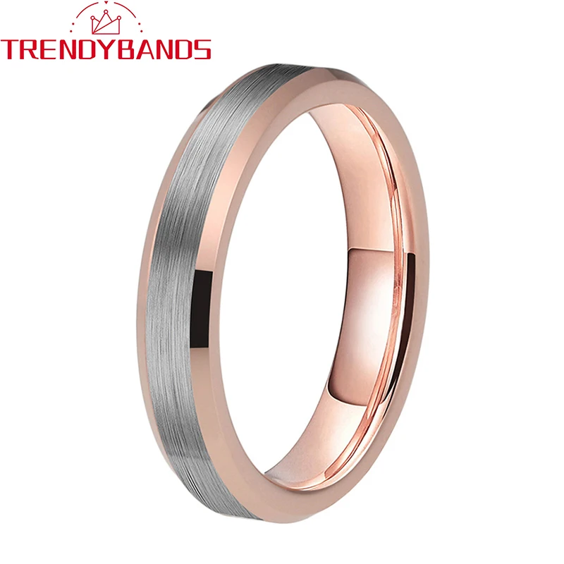 

4mm Mens Womens Rose Gold Tungsten Carbide Rings Wedding Band Beveled Edges Brushed Finish Comfort Fit