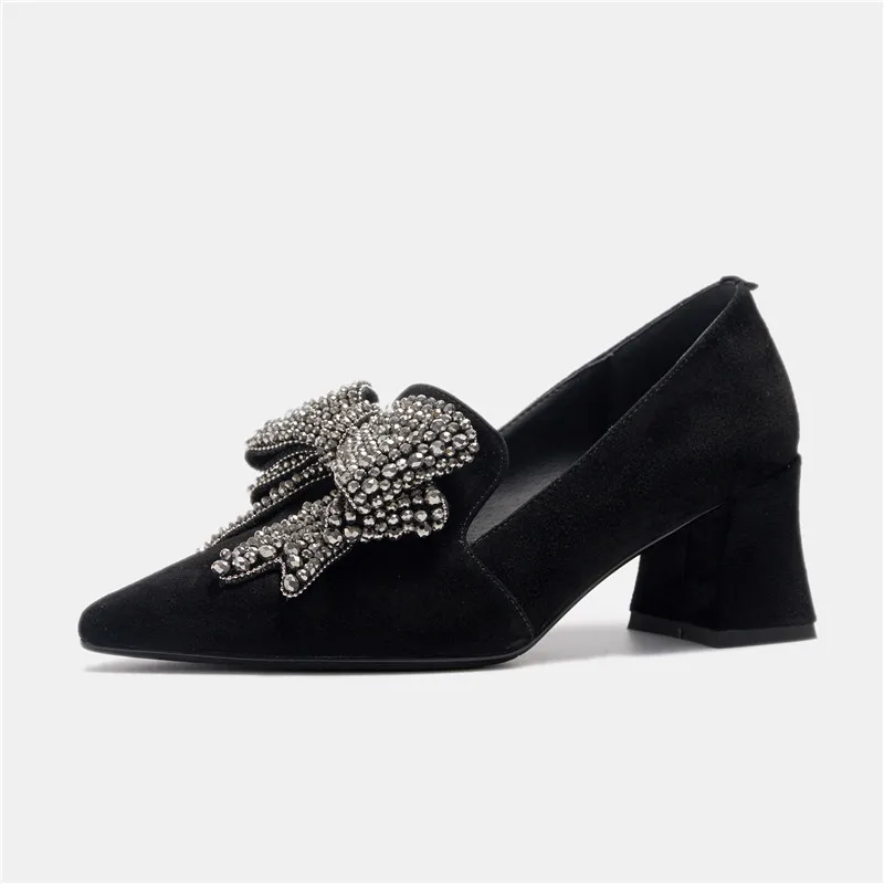 Женские замшевые туфли лодочки ASUMER вечерние на квадратном каблуке с острым носком украшенные стразами и