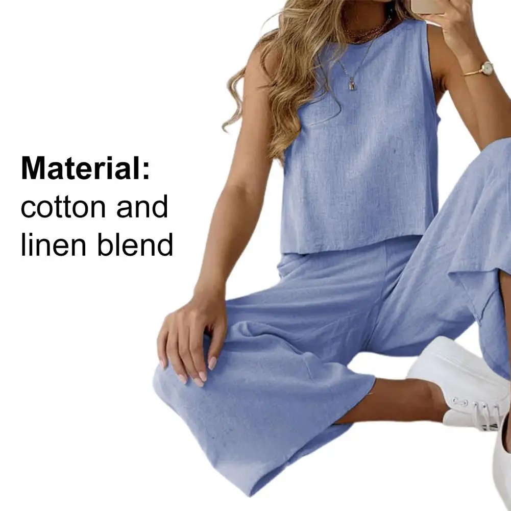 

Summer Women's Suit Solid Color Fashion Wide Leg Pants Sleeveless O-neck Top Pants Home Work Ladies Suit