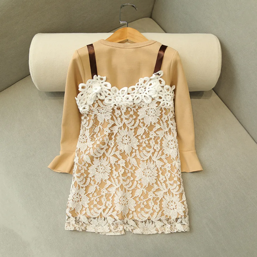 New Spring Autumn Girls Clothes Sets Baby Girl Flare Long Sleeve T shirt Dress and Lace Vest 2 Piece Set Chilren Kids Gifts | Детская