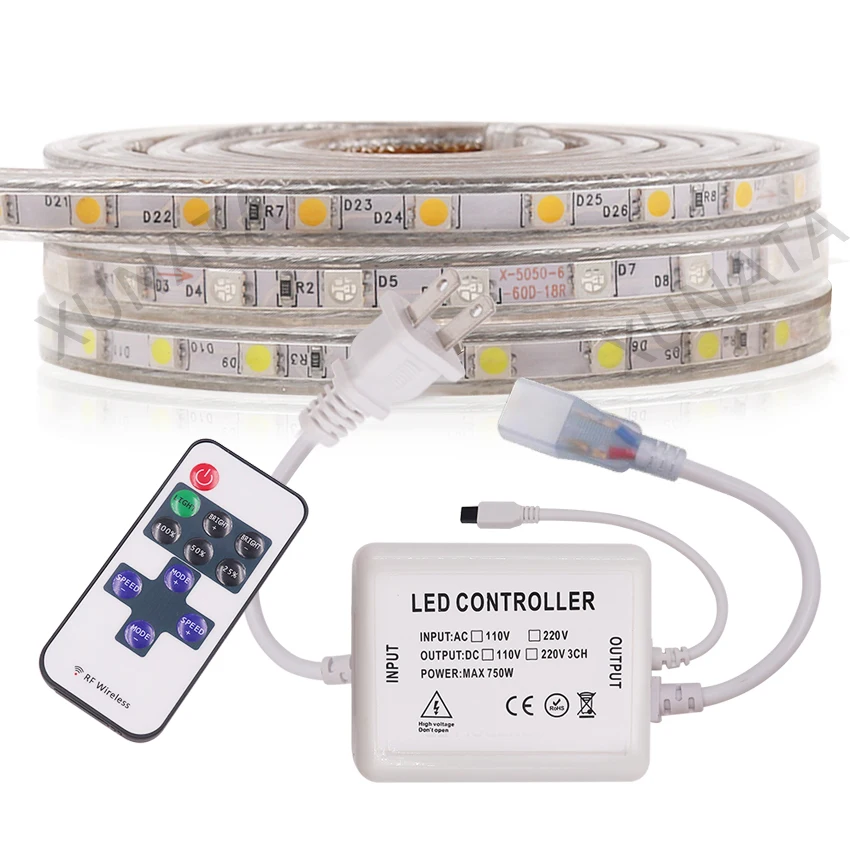 AC 110V 220V LED Strip Light SMD 5050 Waterproof Led Lights 60LEDs/M Dimmable With 11Key EU/UK/US Plug | Лампы и освещение