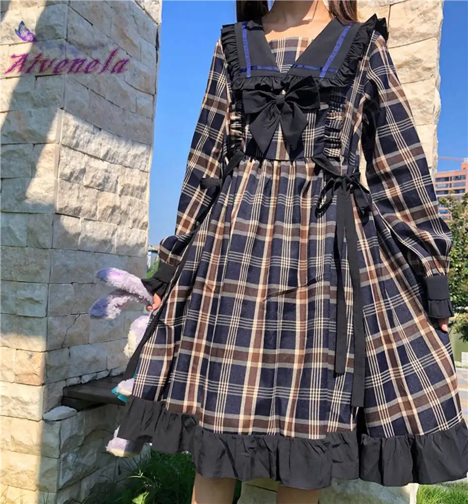 Японское милое Мягкое платье с бантом для девочек в клетку оборками стиле ретро