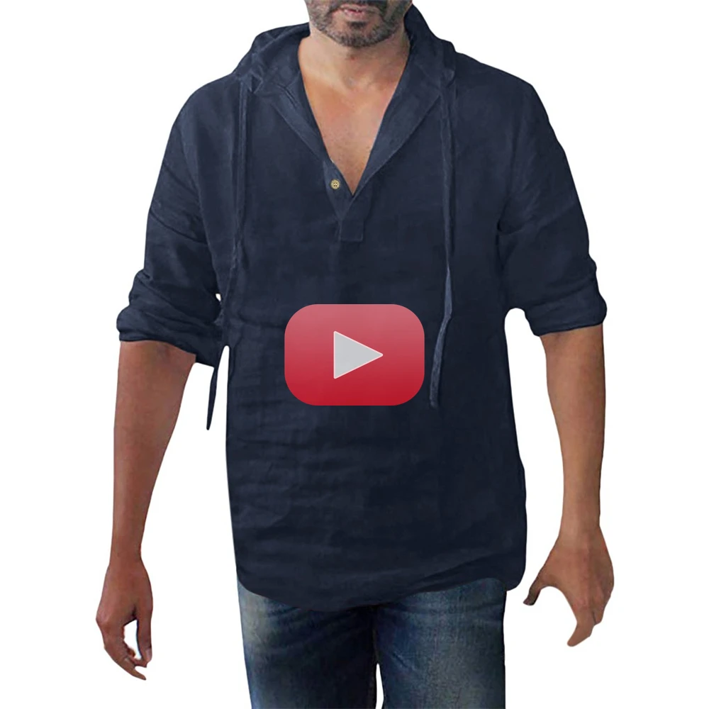 

Men's Shirt Summer Hooded Solid Color Cotton Linen Long Sleeve Blouse Tops Casual Loose Shirt camisas para hombre