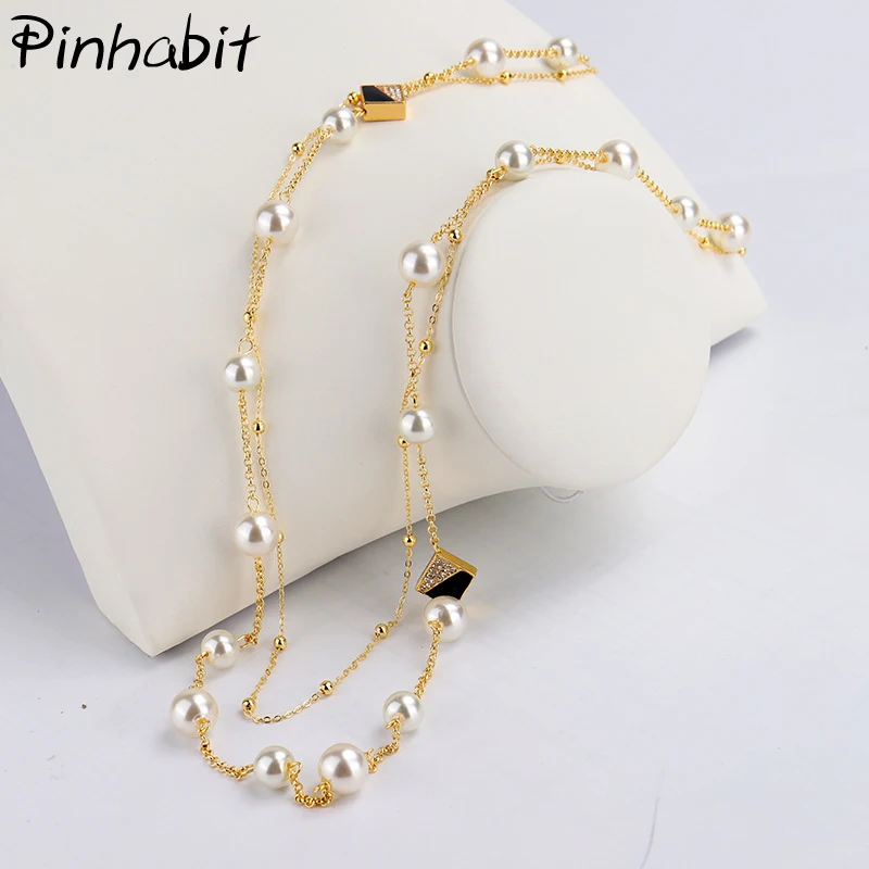 

Luxury Pearl Long Necklace Sweater Chain Collane Multilayer Beadeds Square Decorative Pendant Necklace For Woman Jewelry Gifts