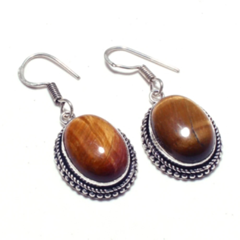 Подлинная тигровый глаз Серебряная накладка на медные серьги ручная работа