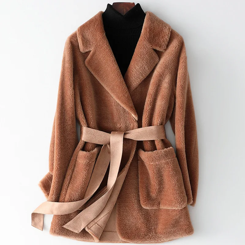 Winter Fashion Real sheep Fur Coats For Women long wool Jacket coffee Natural Fur collar casual slim overCoat Female luxury