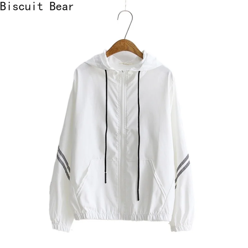 

Solid Striped Casual Women Hooded Jacket 2021 Spring Full Sleeve Zipper Ladies Thin Drawstring Outwears