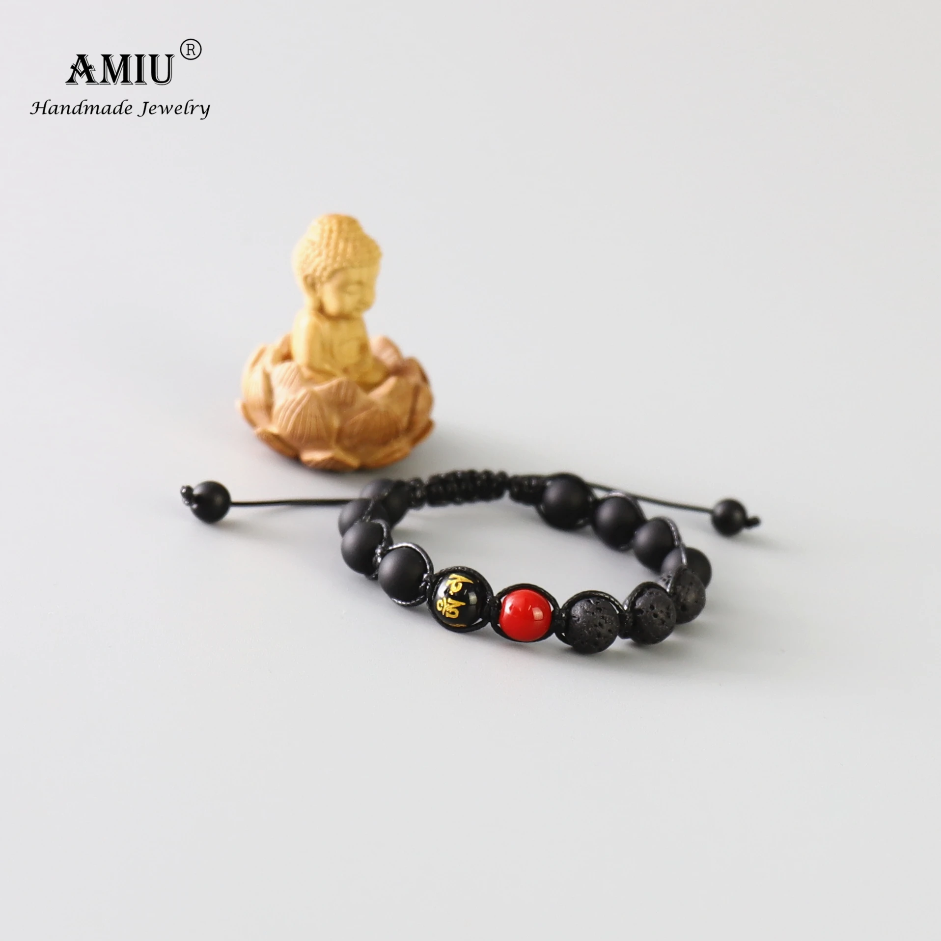 AMIU Handcrafted Men's Natural Stone Bead Bracelet Black Obsidian Wax Cord Lava Rock Beads Rosary Tibetan | Украшения и