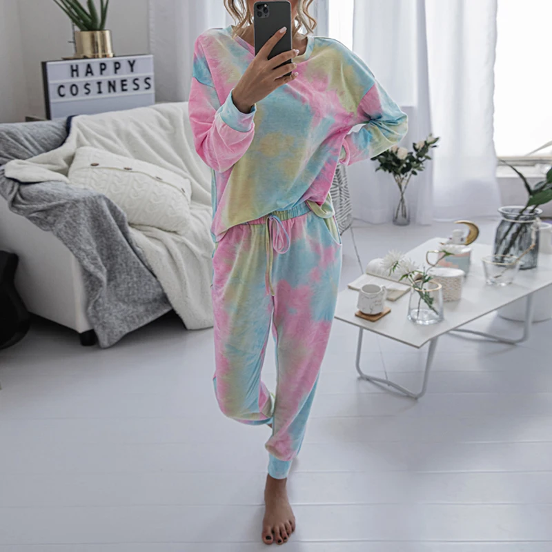 

Women's Tie Dye Printed Sportswear Tracksuits Long Sleeve Drawstring Hoodie TopsCasual Tracksuit Printed O-Neck Sets for Women