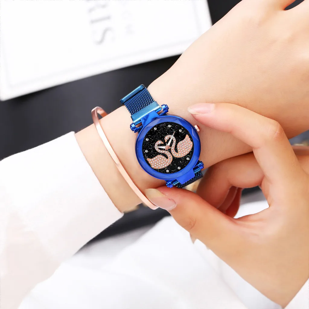 Женские кварцевые часы с магнитным магнитом камнями лебедем и бриллиантом