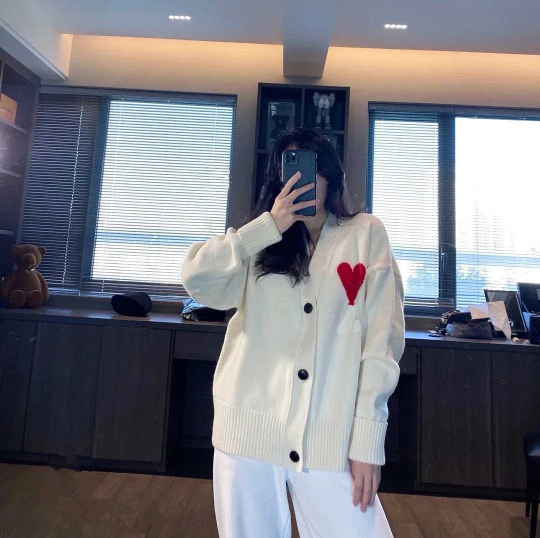 2021New Korean Fashion Oversized Knitted Cardigan Red Heart Letter A Loose Long-Sleeved Men Winter Sweater VNeck Unisex Jackets |