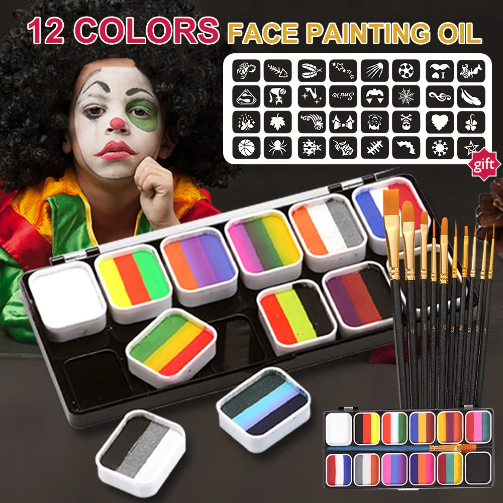 

Rainbow Face Paint Kit Colorful Face Body Palette Lasting Makeup Effect With 10 Brushes 4 Sheet Stencils Halloween Themed Party