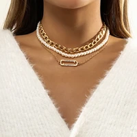 lacteo bohemian imitation pearl choker necklaces for women fashion gold color metal clavicle chain necklace set jewelry gifts