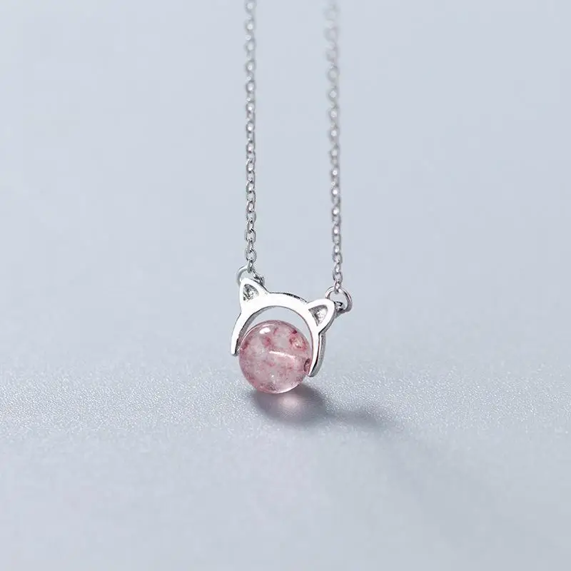 

Charm Strawberry Crystal Necklace for Women Cute Cat Ear Lucky Clavicular Chain 925 Silver Jewelry For Girl Birthday Gifts