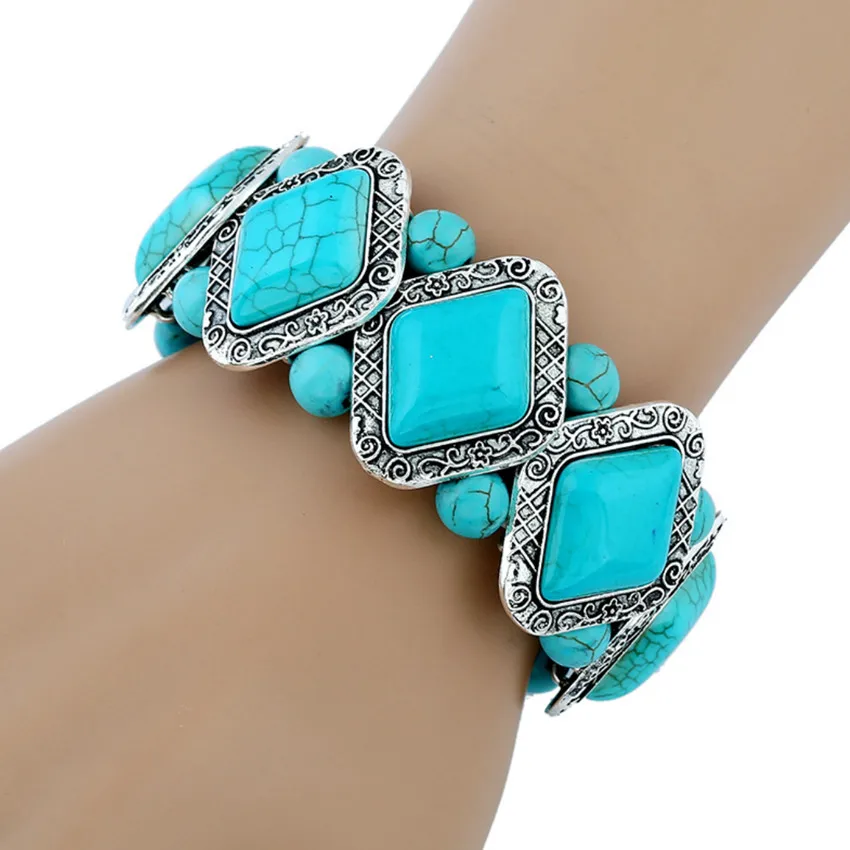 

FYSL Silver Plated Stackable Rhombus Shape Green Turquoises Stone Bangle Ethnic Style Jewelry