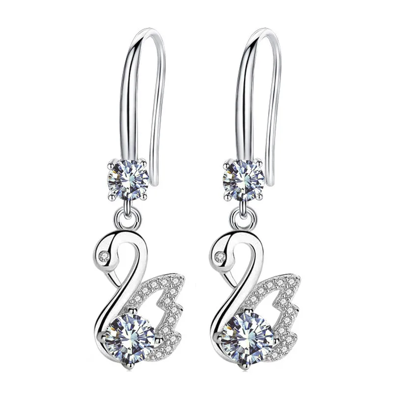 

New S925 Silver Little Swan Anti Allergy Drop Earrings Korean Dangled Earrings Medium and Short Prone Setting Zircon Inlaid