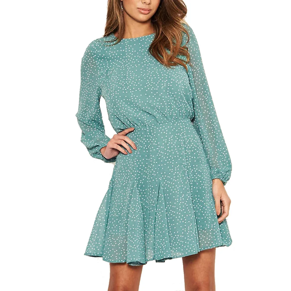

2021 European and American Autumn Hot Dress New Women's Long Sleeve Small Polka Dot Waist Skirt
