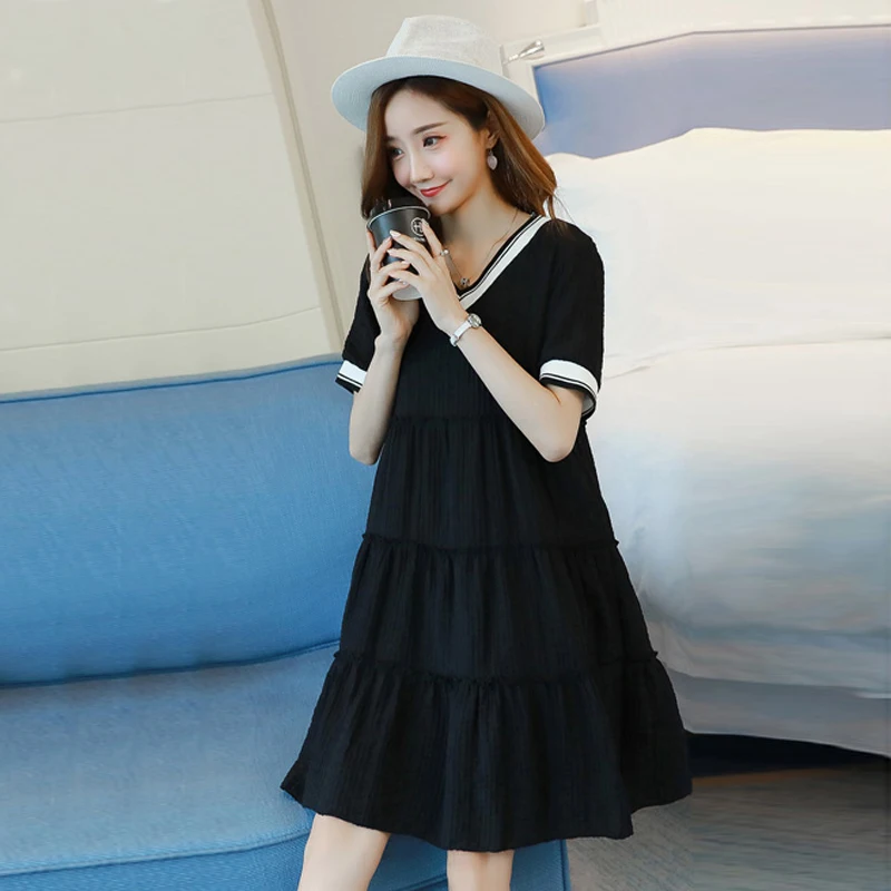 

2021 New Women's Plus-sized Loose A- line Skirt Mid-length Summer Short Sleeved Simple Chiffon Dress