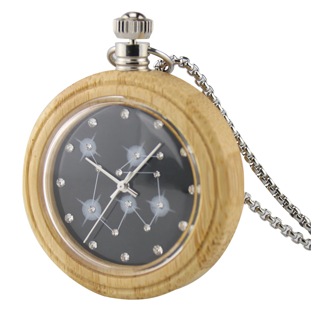 Novel Unique Colorful Bamboo Wood Quartz Pocket Watch Fashion Round Dial Wooden Necklace Chain Clock Best Gifts Women Watches