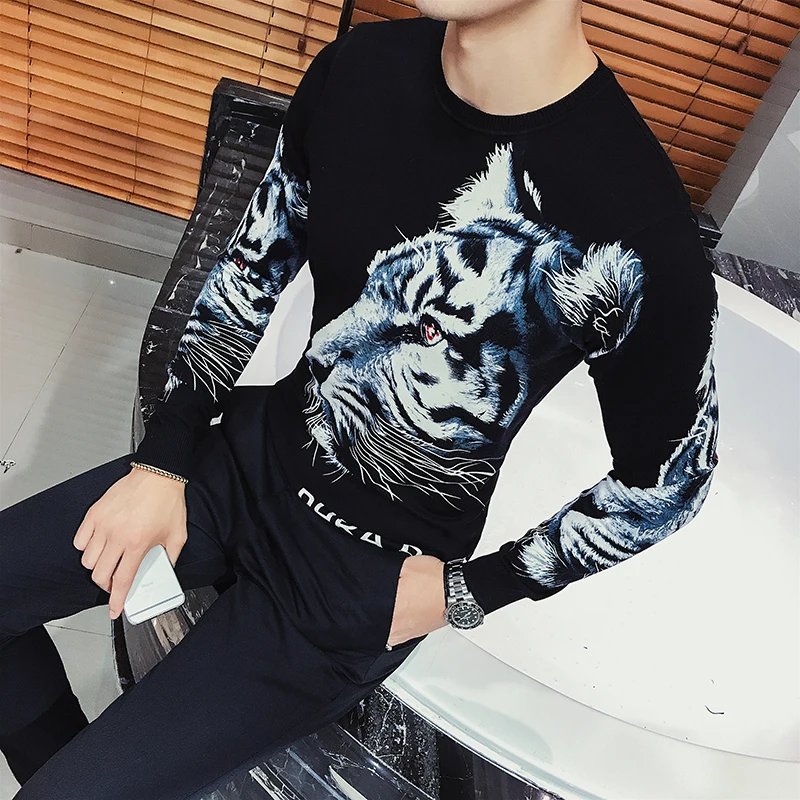 Осенний свитер с животным принтом для мужчин модная одежда клуба вечерние