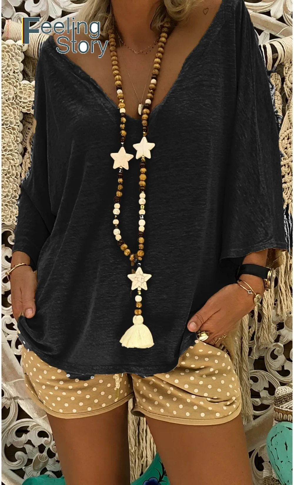 Глубокий V шеи 5X плюс Размеры Boho женские синие топы и блузки элегантный основной