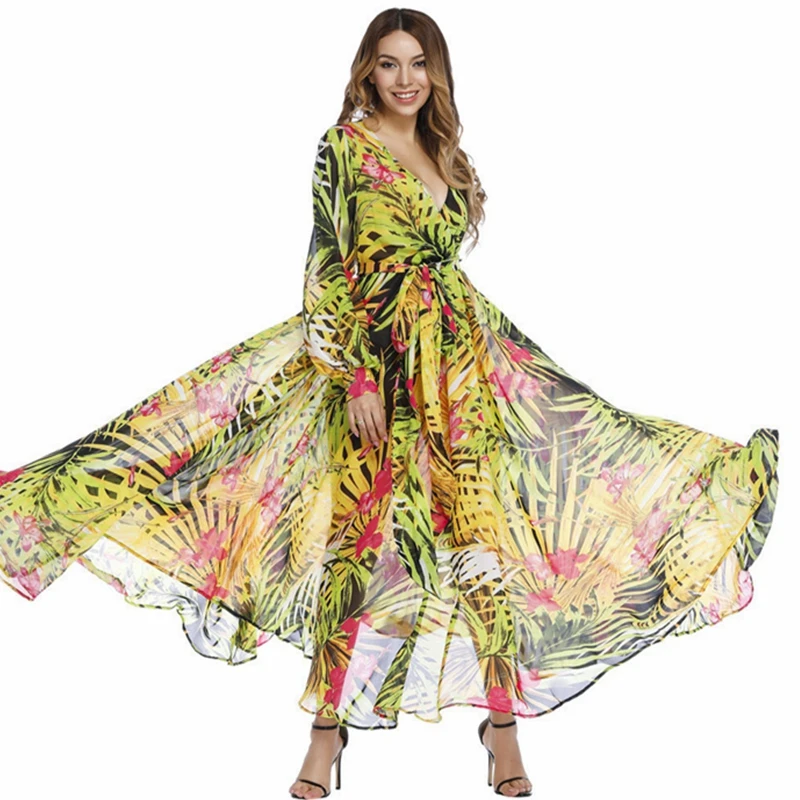 

WEPBEL Chiffon Dress Women's Casual Loose Dress Spring Summer Fashion Floral Print Long Sleeve V-neck Lace-up Dress