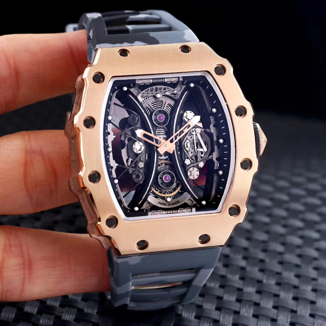 

Brand New Blue Red Rubber Men Watch Automatic Mechanical Tourbillion Black PABLO MAC DONOUGH Stainless Steel Rose Gold Skeleton
