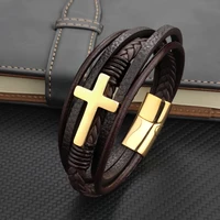 luxury stainless steel cross design woven men bracelets genuine leather gold black silver magnet clasp fashion bangle wholesale