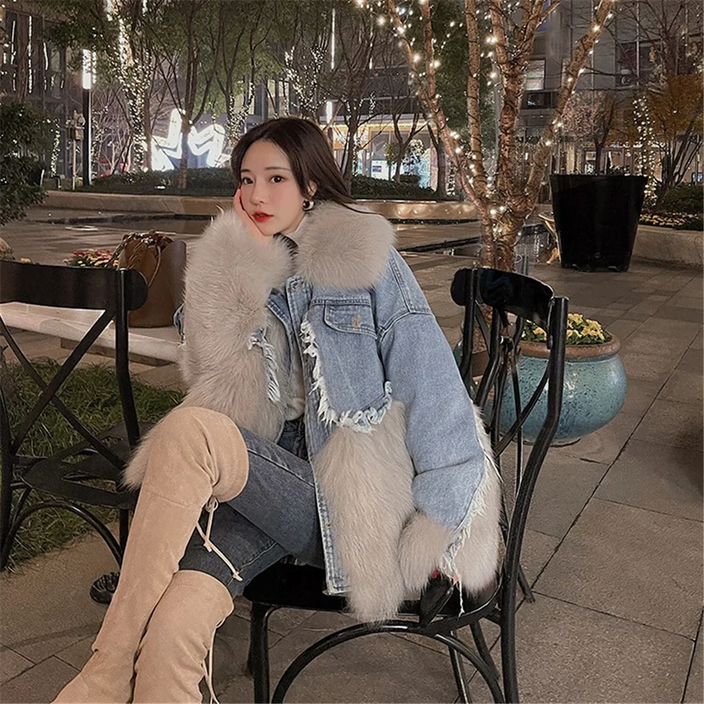 Fur Stitching Denim Jacket Female Winter Thicken Parkas Coat 2022 Korean Fur Fox Fur Jacket Coat Loose Fur Collar Denim Coat