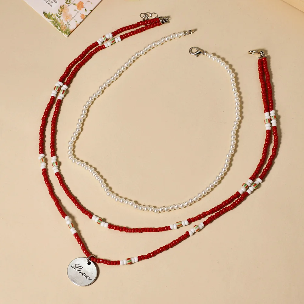 

Boho Red Glass Bead Love Letter Necklace for Women Pearl Handmade Pendant Clavicle Chain Choker Jewelry Accessories 2022 Collier
