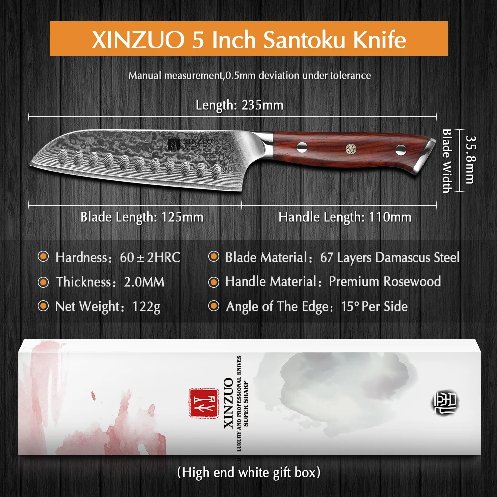 XINZUO 5 дюймовый нож Santoku лезвие из высокоуглеродистой дамасской стали кухонные