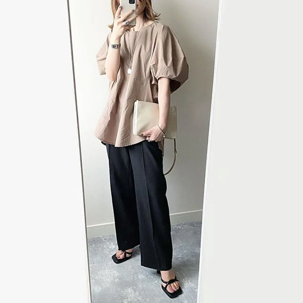 

Blouse Women 2020 Summer Casual Puff Sleeve Tops Plain Office Lady Work Shirts Korean Janpanese Style Blouse Shirts