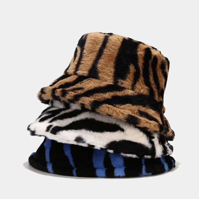 

Autumn Winter Warm Bucket Hat For Women Faux Rabbit Fur Black White Blue Stripes Fishing Cap Lady Panama Flat Top Basin Hats