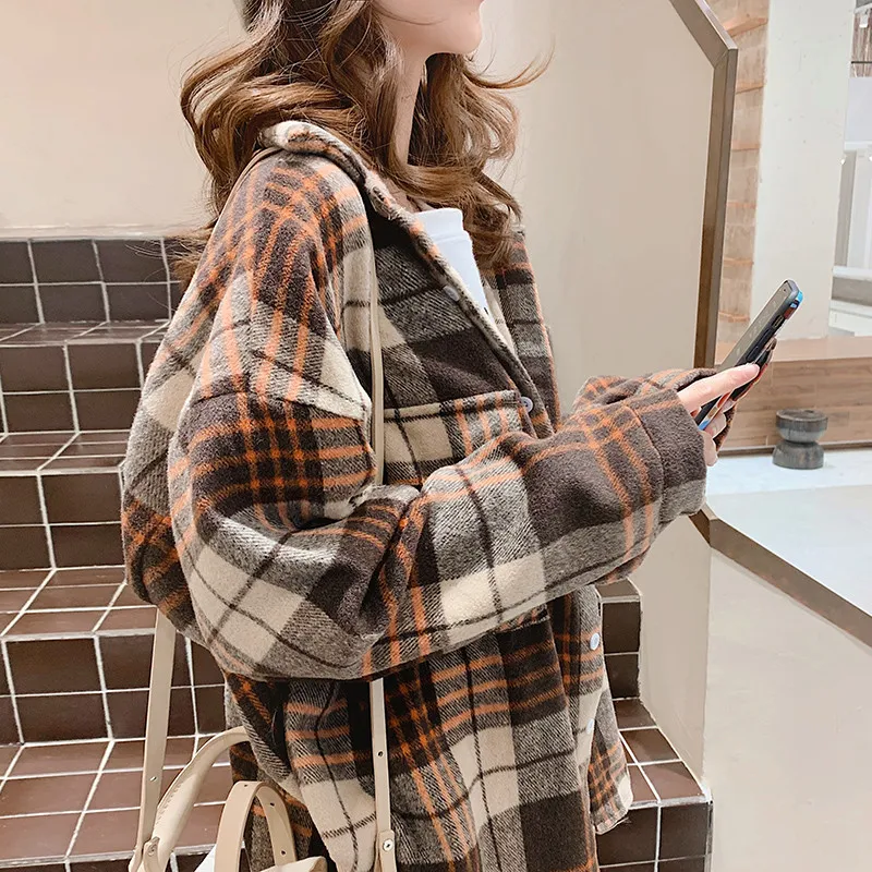 

Women cotton warm spring 2020 plaid blouse turn down collar hit color tops with two pockets long sleeve shirts female