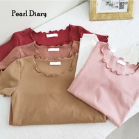 pearl diary sweet solid color slim short summer female clothing round neck hedging short sleeve t shirt top women