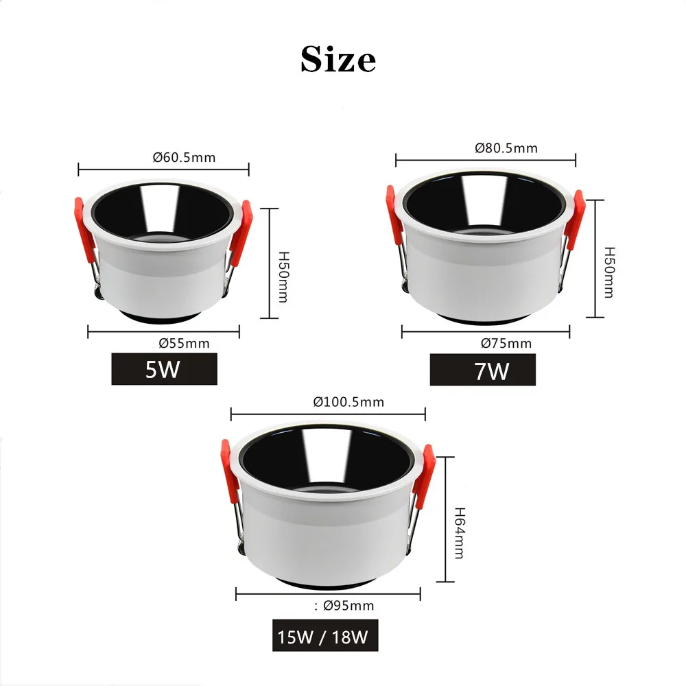 Luz Led redonda profundo Anti-Glare empotrada de techo del Downlight lámpara Led de foco 5W 7W 15W regulable AC110V 220V para sala de estar dormitorio