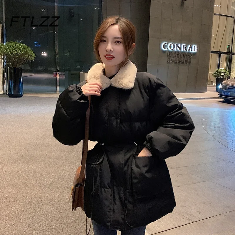 

Winter Cotton Padded Jacket Women Warm Thick Bubble Coat Korean Fashion Slim Fur Collar Short Parkas Black Zipper Outwear