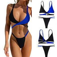 2pcs women summer bikini cross match color spaghetti strap padded tops slit low waist briefs swimsuit 4 colors