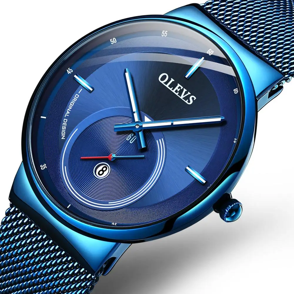 NEW OLEVS Watch Men Luxury Quartz Date Blue Dial Thin Top Brand Watches Sports Chronograph Mesh Belt Wrist Watch Man Clock - Цвет: All Blue