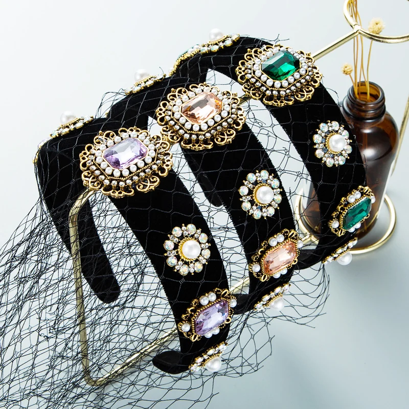 

2021 New Retro Wide-brimmed Lace Gauze Crystal Rhinestone Ladies Hairbands Baroque Style Pearl Flower Hair Accessories Headbands