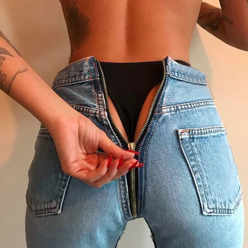 

SHZQ Sexy Back Zipper Long Jeans Women Classic High Waist Skinny Pencil Light Blue Denim Pants Elastic Stretch Jeans