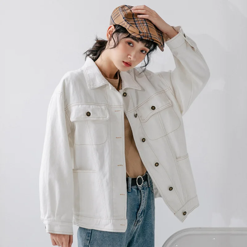 Куртка женская джинсовая короткая однотонная белая куртка из 100% хлопка в