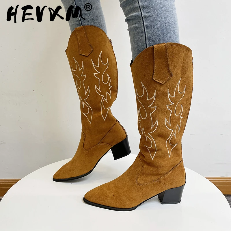 

Женские ковбойские сапоги без застежек, сапоги до колена с острым носком, на низком квадратном каблуке, зимний сезон 2022